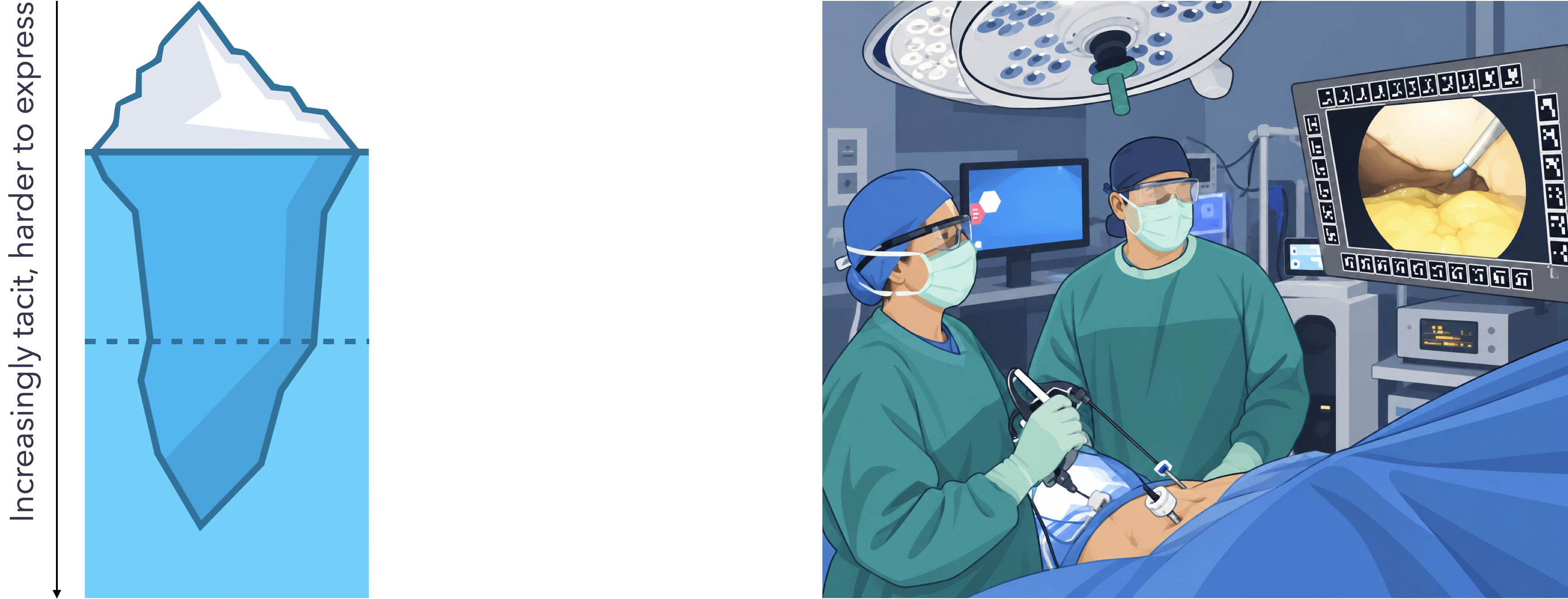 An iceberg illustrates increasingly tacit surgical expertise alongside surgeons using eye trackers in an operating room.